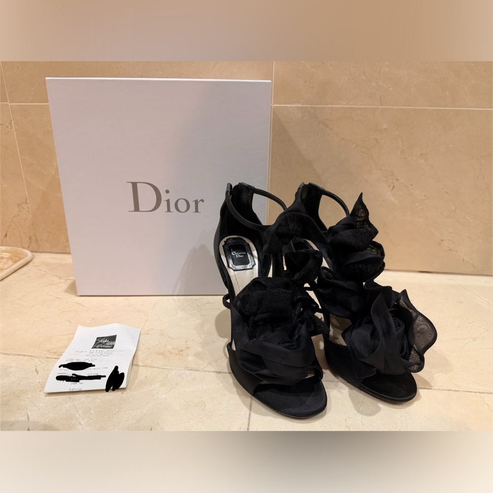 Dior Black Heeled Sandals with Floral Lace Detail